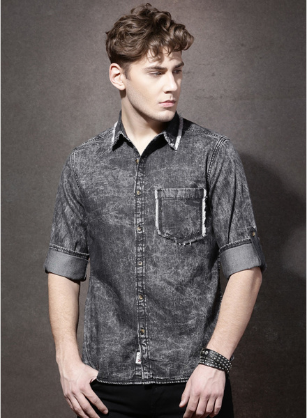 charcoal grey washed regular fit casual shirt